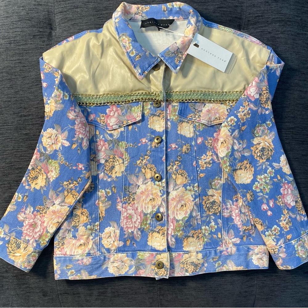 Endless Rose Blue and Tan Floral Jean Jacket - Picture 4 of 16
